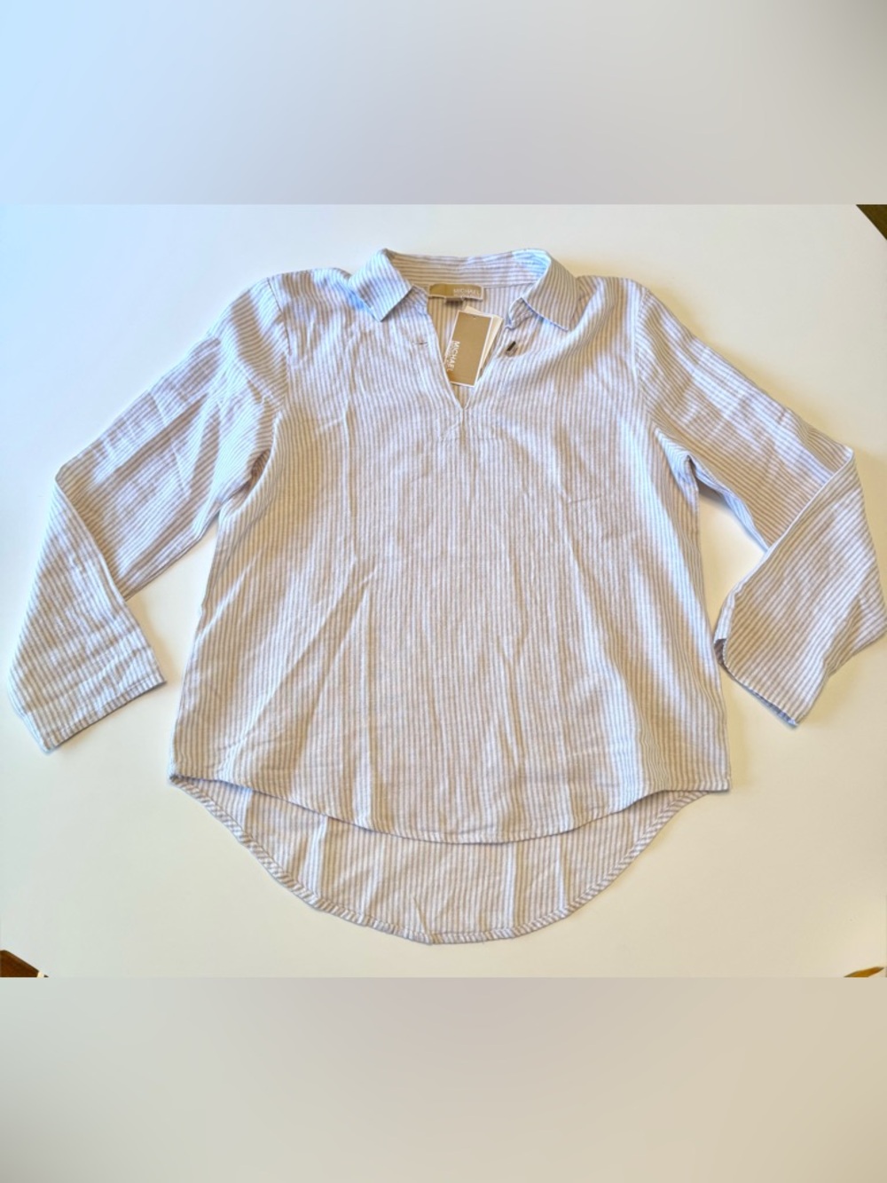 Michael Kors Striped Linen Blend Split-Neck Blouse, Dune - Beige/White, size M